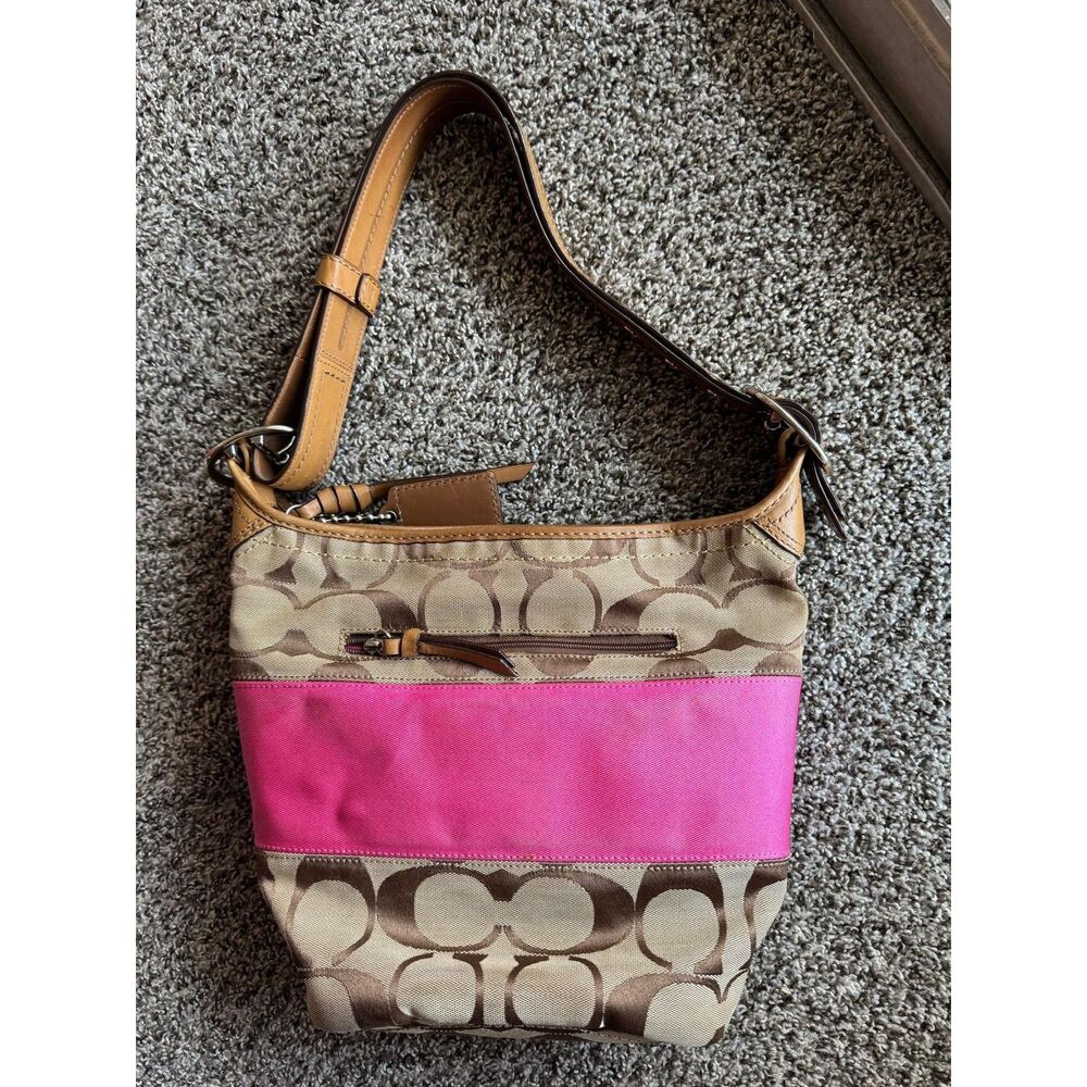 Authentic Coach Signature Stripe Pink & Brown Jacquard Hobo Shoulder Bag Y2K